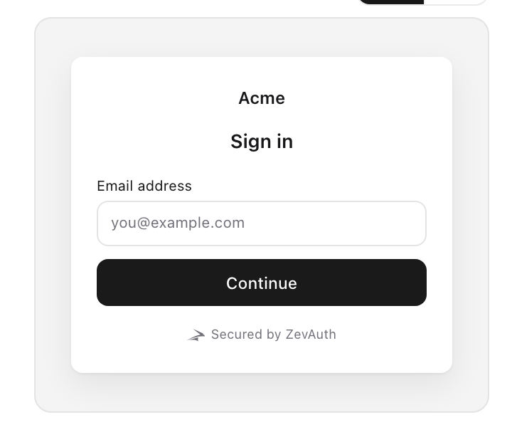 The ZevAuth React sign-in component rendered inside an example application