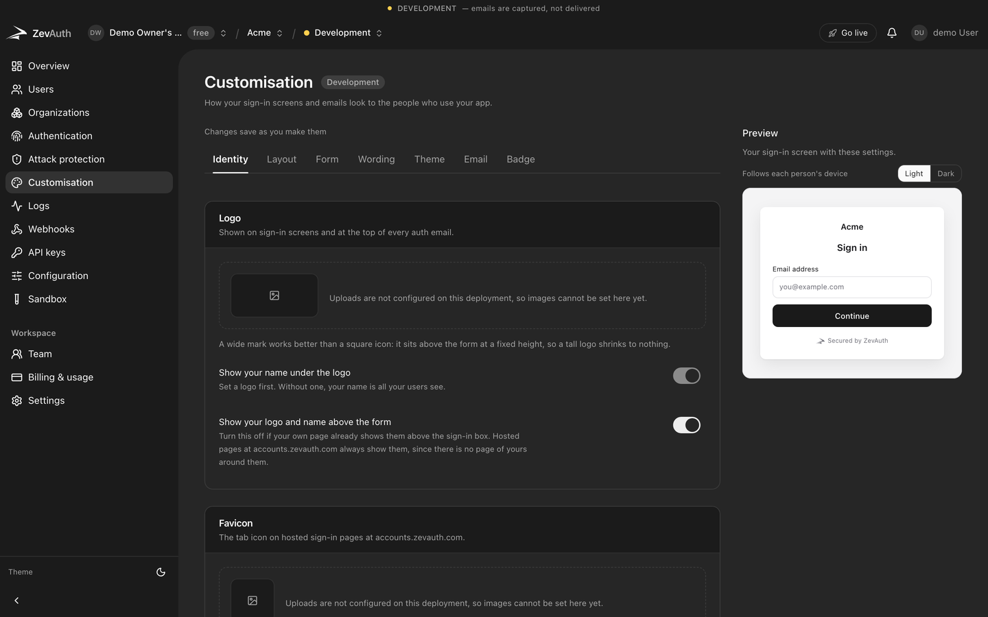 A hosted ZevAuth sign-in screen branded for an example company