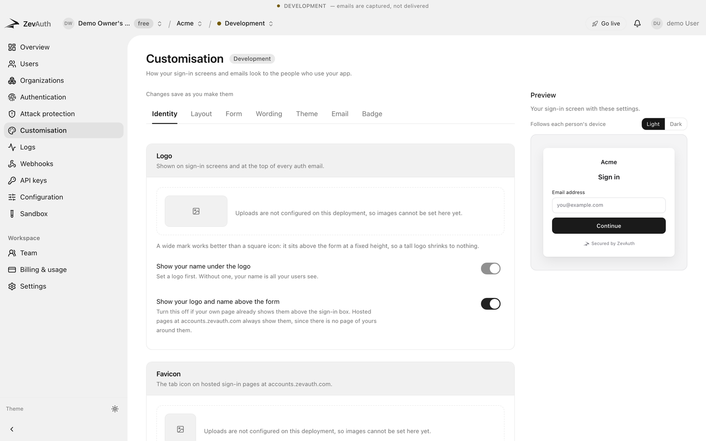 A hosted ZevAuth sign-in screen branded for an example company