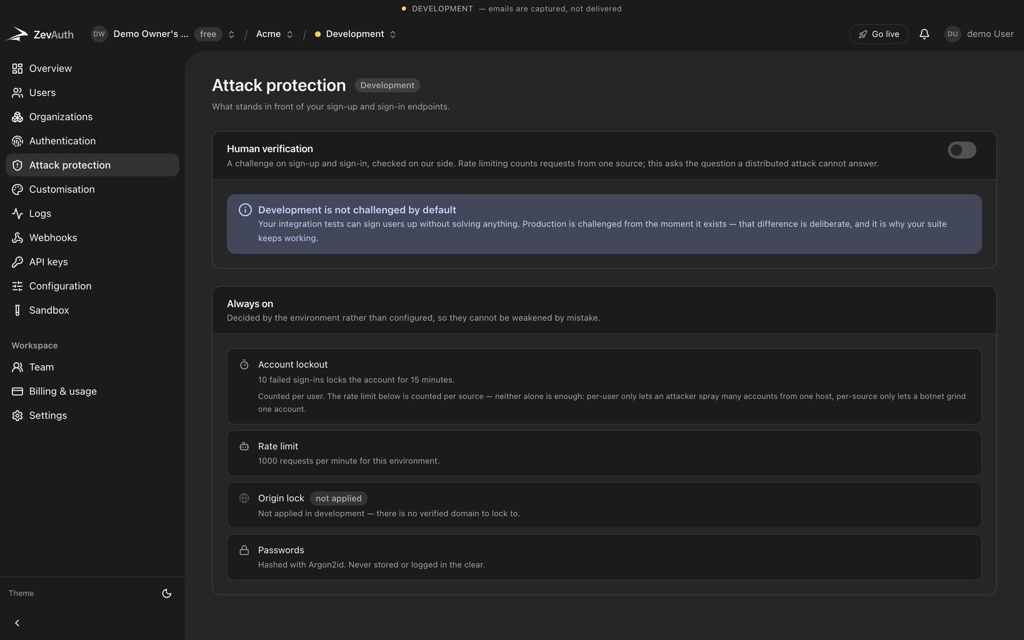 The attack protection settings in the ZevAuth console
