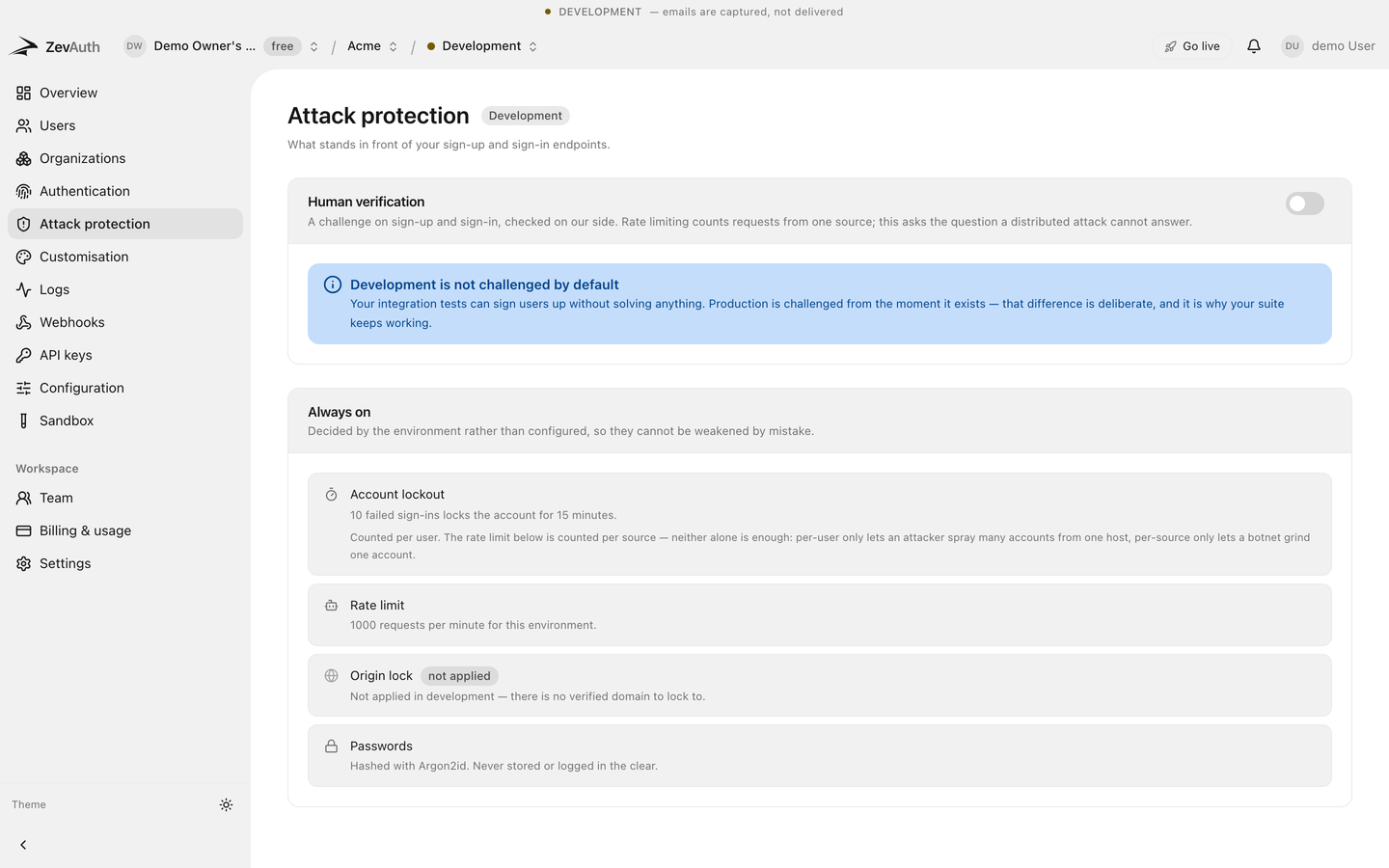 The attack protection settings in the ZevAuth console