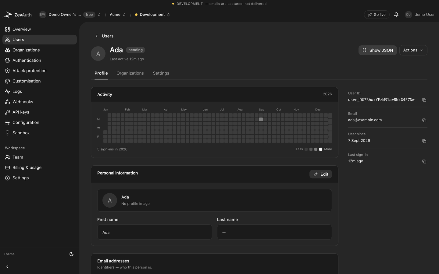 A user detail page in the ZevAuth console showing active sessions with their device and location
