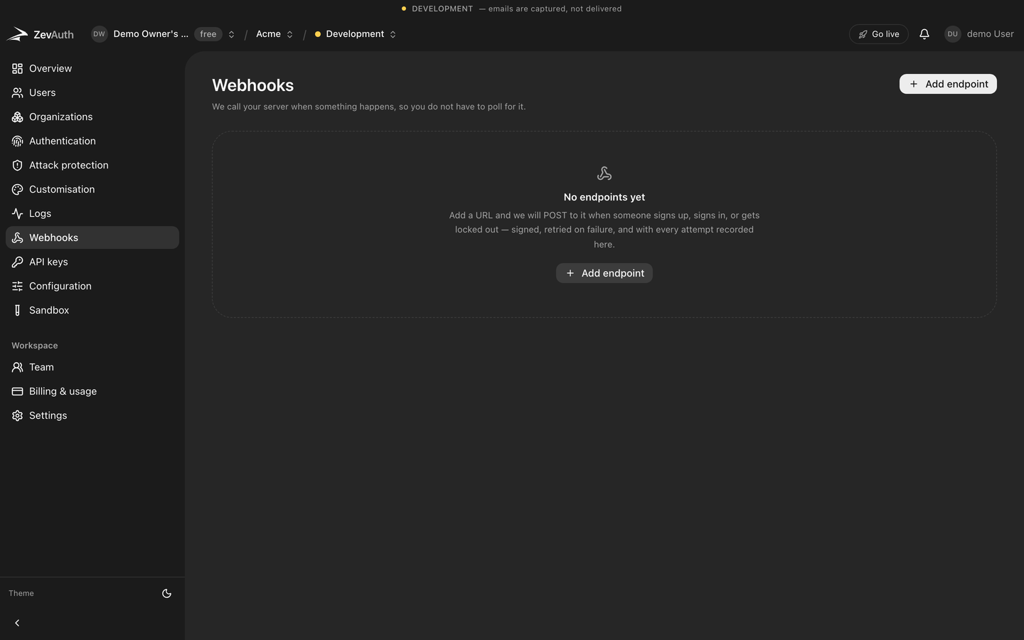 The webhooks screen in the ZevAuth console with endpoints and their recent delivery status