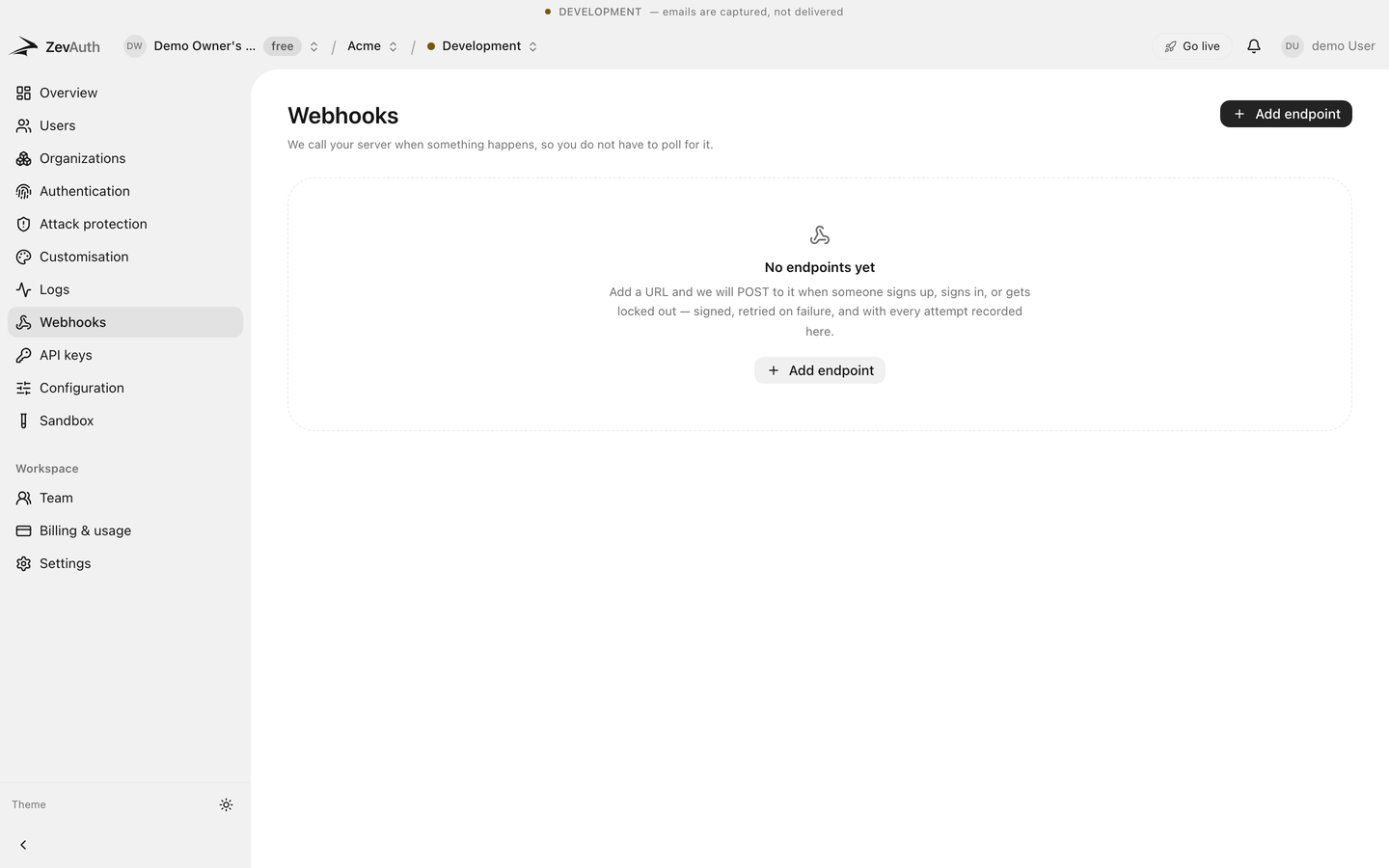 The webhooks screen in the ZevAuth console with endpoints and their recent delivery status