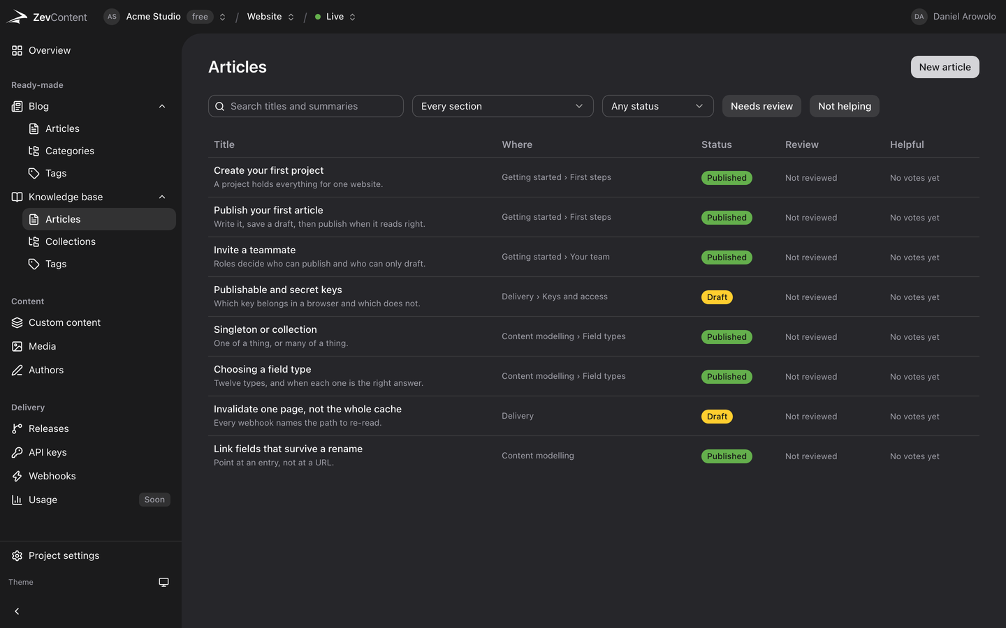 Knowledge base articles in the ZevContent dashboard, each showing the collection and section it sits in, its status and its helpful votes