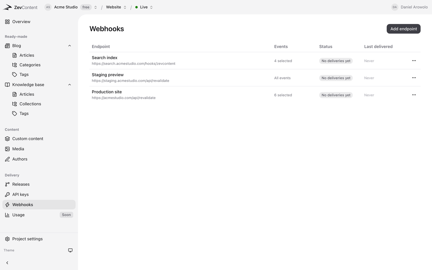 Webhook endpoints in ZevContent with their recent deliveries and response codes