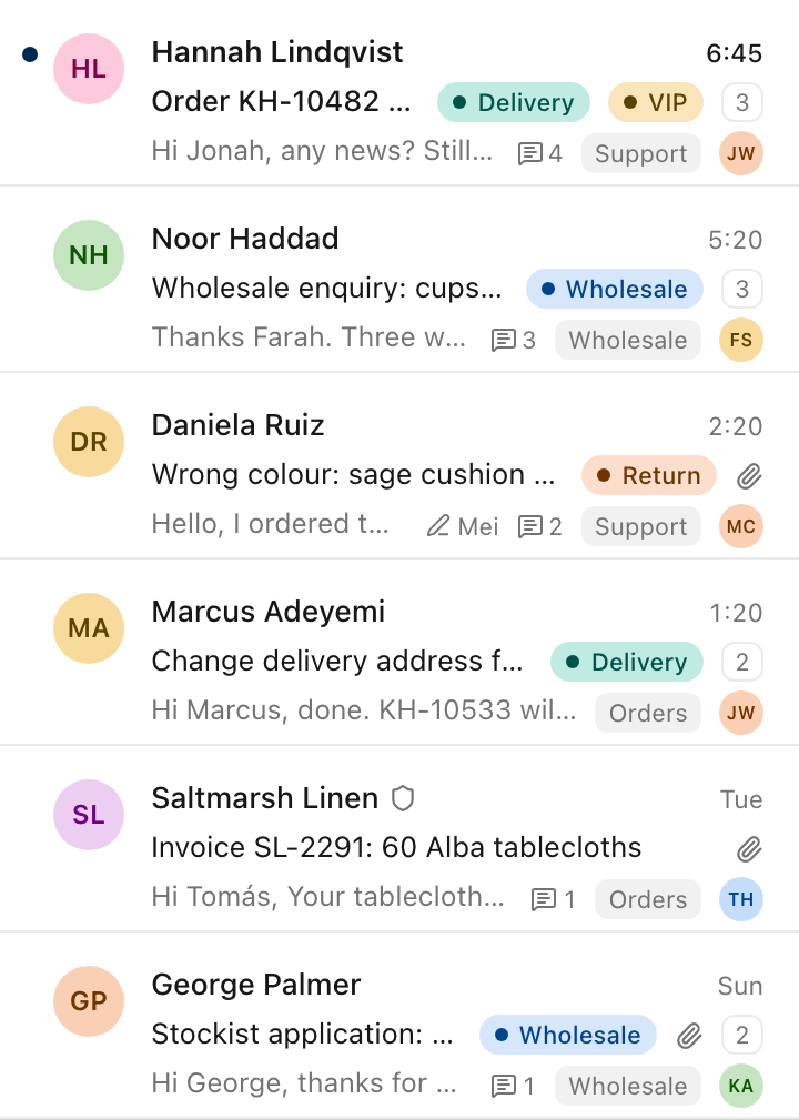 A list of conversations with coloured tags, the inbox name and the owner initials on each row.