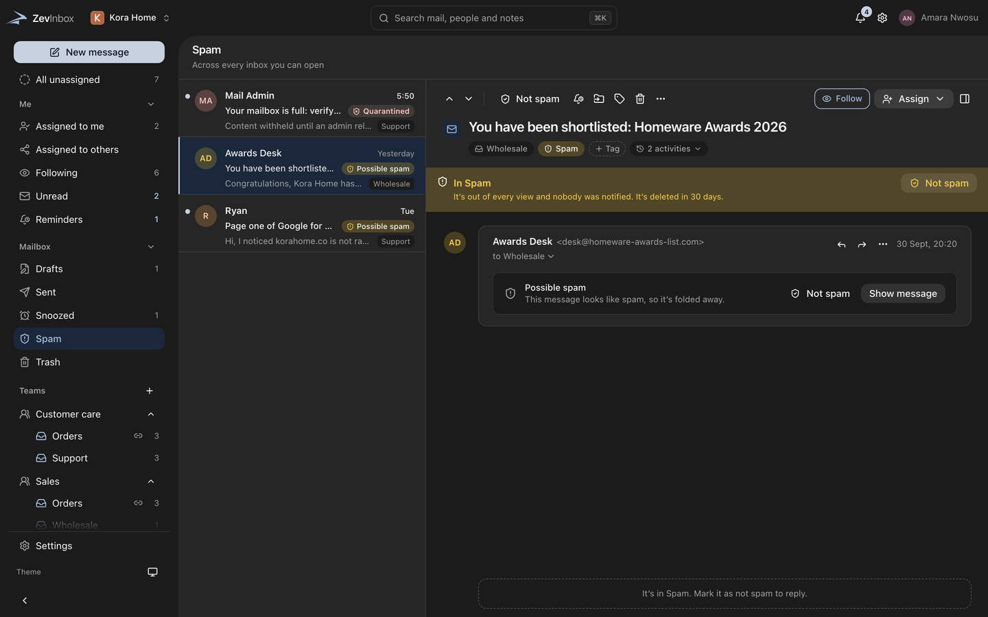 The Spam folder, with possible spam and possible phishing folded away from the inbox.