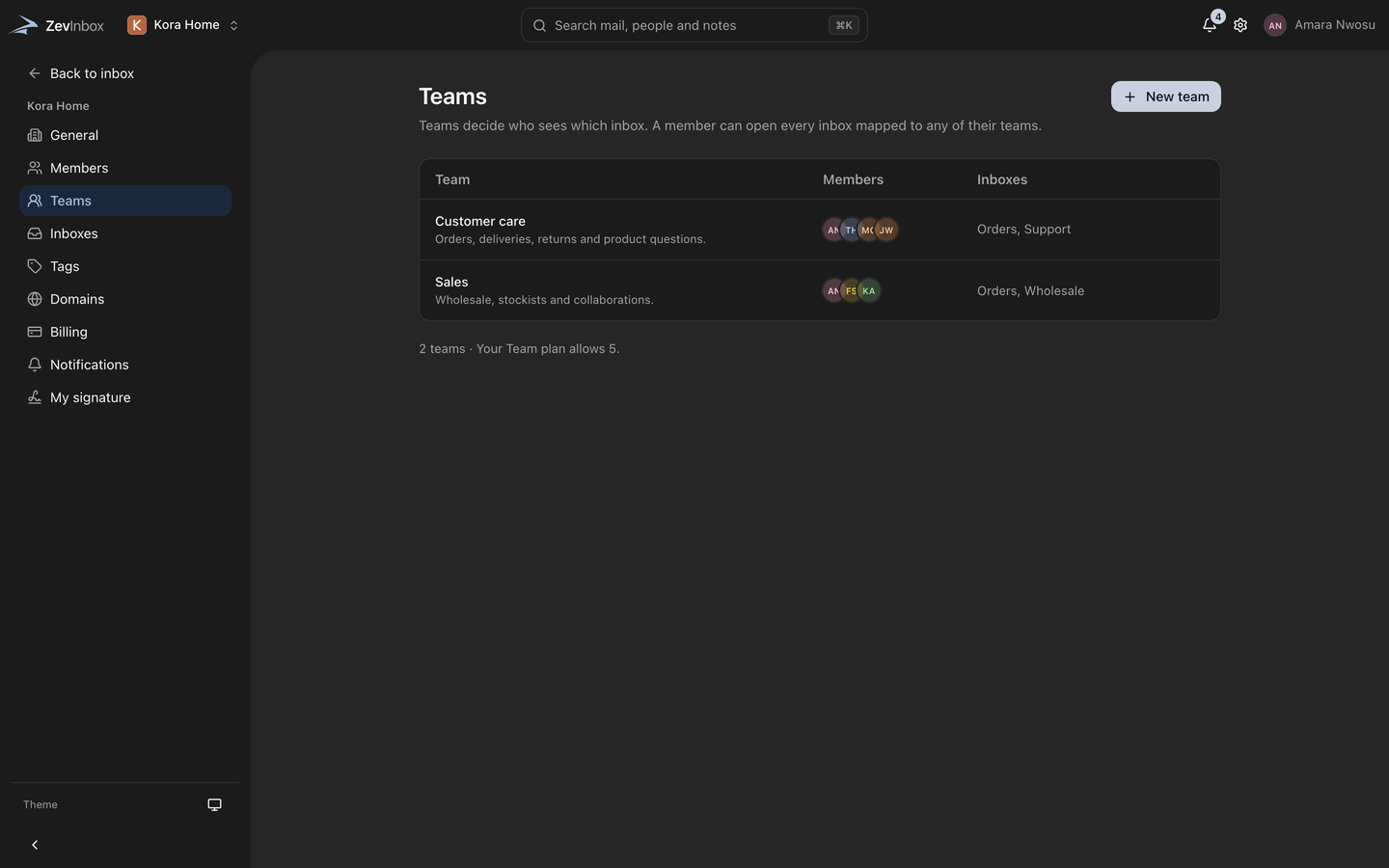 Settings, Teams: the organization teams and the inboxes each one answers.