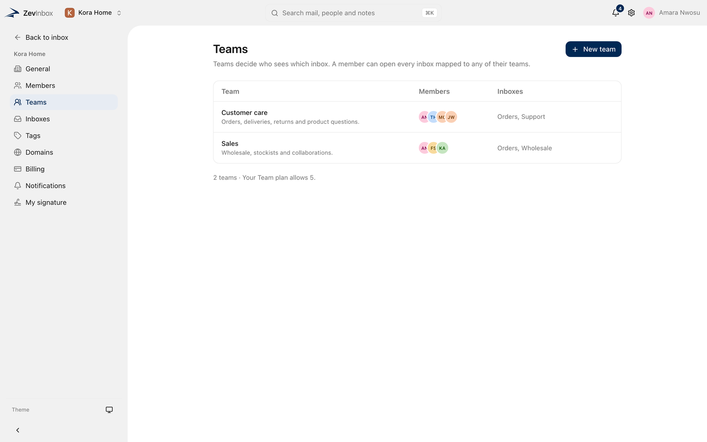Settings, Teams: the organization teams and the inboxes each one answers.