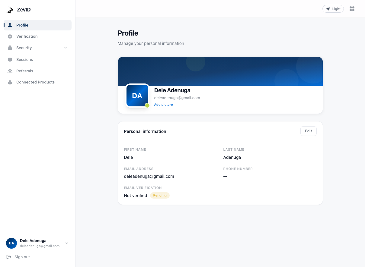 ZevID dashboard